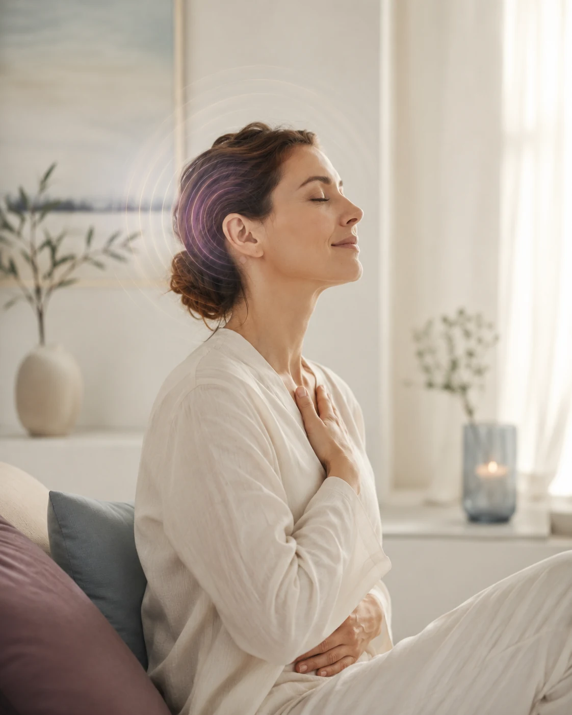 Femme pratiquant une respiration calme pour retrouver des repères malgré les acouphènes