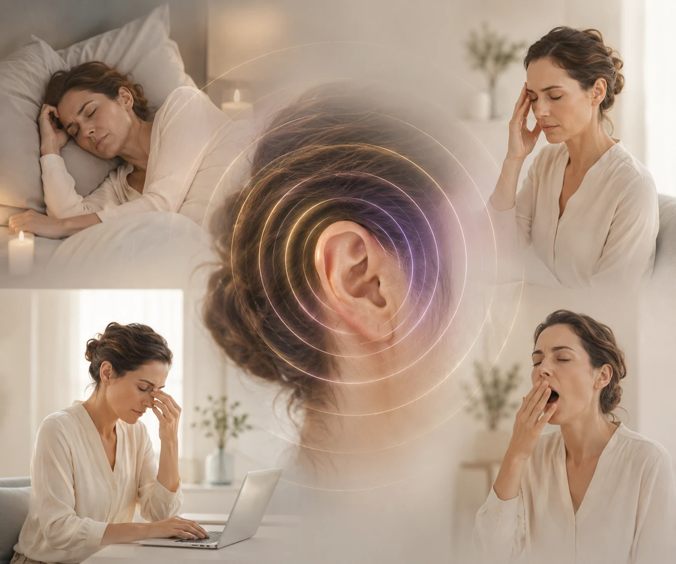 Illustration des effets possibles des acouphènes sur le sommeil, la concentration, le stress et la fatigue