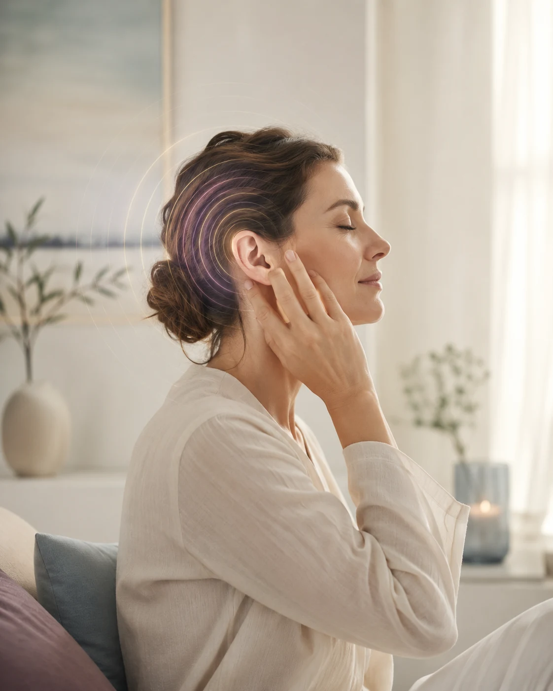 Femme apaisée portant son attention près de l’oreille, avec des ondes discrètes symbolisant les acouphènes